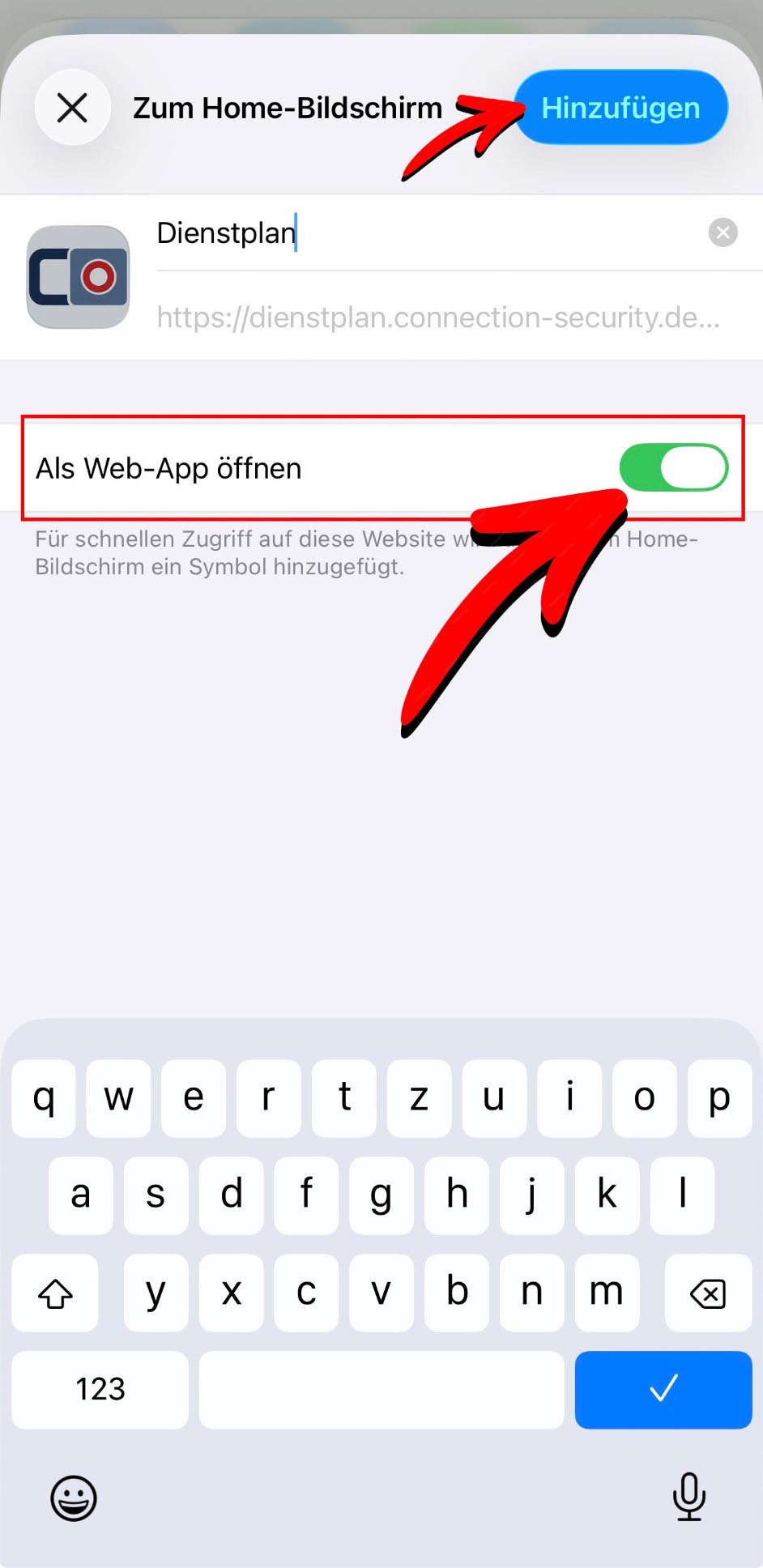 Schritt 5: Als Web-App öffnen aktivieren und Hinzufügen tippen
